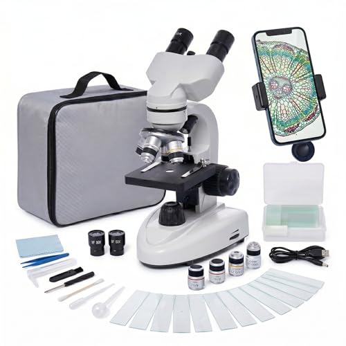 SELFIE CAT Professional Binocular Compound Microscope 200X-5000X High Magnification Educational Biological Microscope with Smartphone Adapter and LED Light for Students Hobbyists
