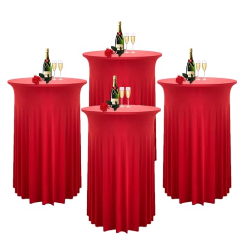 Albassa 4 Pack Cocktail Table Covers 32"x 43" Spandex Stretch Round Cocktail Tablecloths with Wavy Drapes Fitted High Top Bar Table Skirt for Wedding Party Banquet (Red, 4 PCS)