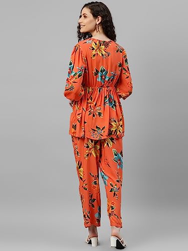 Image of DEEBACO Women's Floral Rayon Flared Tunic & Straight Pants Co-Ord Set for Women V-Neck & 3 /4 Puff Sleeve Ladies Party Casual Wear Fashionable for Girls Relaxed Fit Cord Set (Orange)