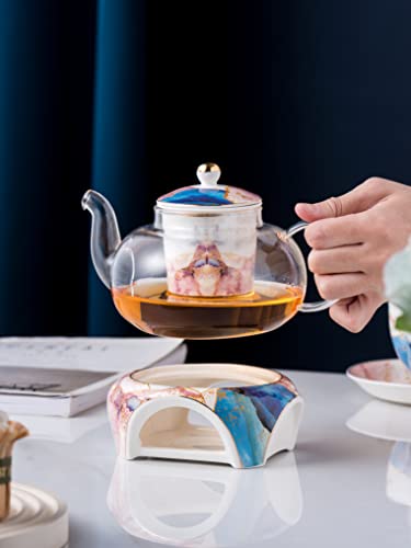 Jusalpha Fine China Rainbow Galaxy Series Glass Tea Pot With Infuser-Teapot Warmer Teacup And Saucer Set With Spoon In Gift Box- 16 Pcs In 1 Set, (Fd Glass Pot Set 08) #TOP2