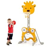 COSTWAY Canasta de Baloncesto para Niños, 4 en 1 Centro de Actividades para Interiores y Exteriores con Aro, Portería de Fútbol, Juego de Anillas, Golf, 4 Altura Ajustable y Base Rellenable (Ciervo)