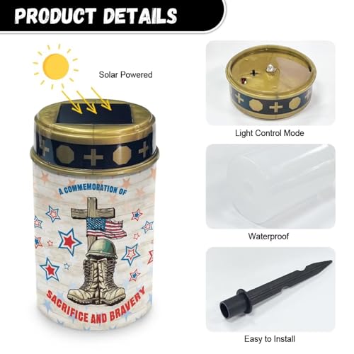 Image of Cross Stars and Stripes Light for Prayer Cemetery Solar Lights 4th of July Decorations Candle Lamp Waterproof Solar Power Light Eternal Lights for Graves Cemetery Memorial Gift 2 Pcs