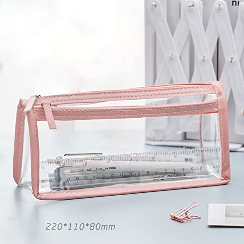 FIYUK Clear Pencil Case Bag Pen Holder Stationery Dual Zipper Organizer Makeup Pouch for School Office Travel, Pink
