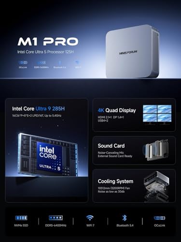 Image of MINISFORUM M1 Pro-285H AI Mini PC, Intel Core Ultra 9 Processor 285H (16C /16T, Up to 5.4GHz), DDR5-5600GHz RAM, M.2 PCIe4.0 SSD,USB4 /RAID /OCuLink /Wi-Fi 7 /BT 5.4, 4K Quad Display(NO RAM /SSD /OS)
