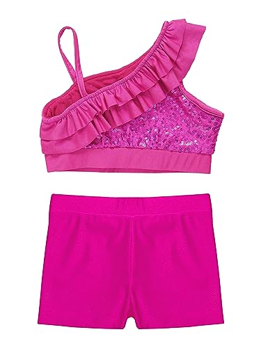 JEATHA Kids Girls Dance Outfits 2-Piece Sequins Crop Top with Athletic Shorts Gymnastics Active Set Dancewear4