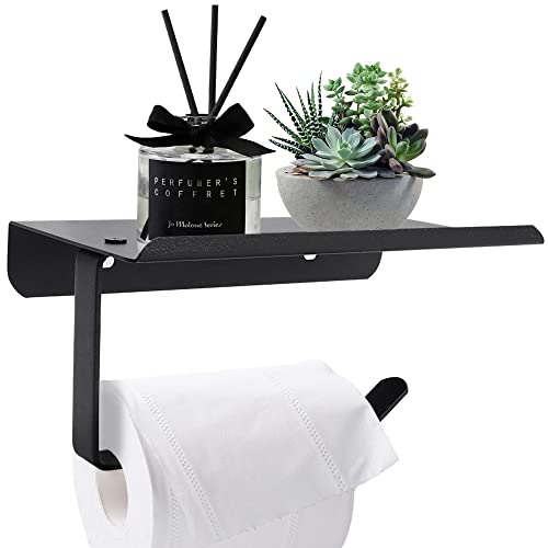 Porte Papier Toilette avec Tablette, MINKUROW Support Papier Toilette Mural Adhesif sans Percage en Acier Inoxydable SUS 304, Derouleur Papier Toilette Murale pour Cuisine et Salle de Bain Noir Cover