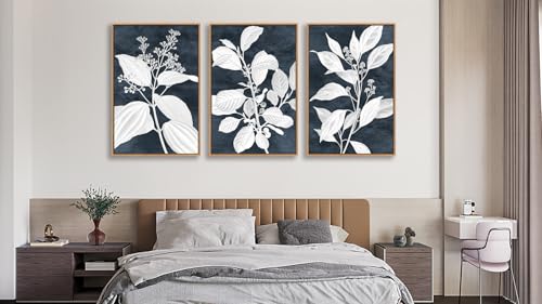 Large Botanical Wall Art for Living Room Natural Wood Float Framed Art Set of 3 White Plant Canvas Pictures Minimalist Artwork Indigo Canvas Prints for Bedroom Home Office Wall Decor 24"X36"X3 by Yupano - Used condition - Image 2
