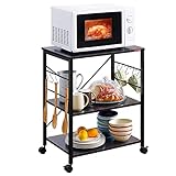 Mr IRONSTONE Kitchen Stand Microwave Cart 23.7'' for Small Space, Coffee Bar Table 3-Tier Rolling Utility Microwave Stand on Wheels, Coffee Cart with Storage Bakers Rack, Black Board+Black Metal Frame