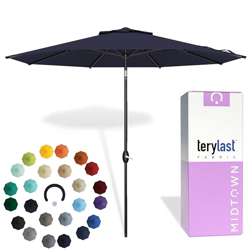 Midtown Umbrellas - 10-Year-No-Fade 9 Ft Patio Umbrella with Terylast Fabric, Auto-Tilt Aluminum Frame and 8 Reinforced Ribs for Deck, Pool, Garden & Beach - Navy Blue Canopy, Black Pole