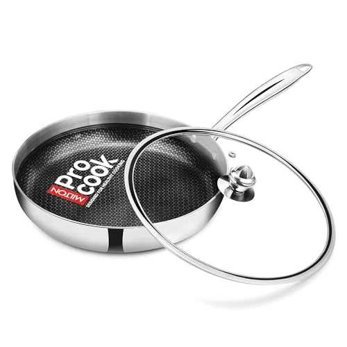 Image of Milton Pro Cook Induction Cookware & Gas Stove Friendly Triply Hexa Tech Stainless Steel Frying Pan with Glass Lid 26 cm, 2L | Honeycomb Non-Stick Fry Pan | Metal Spoon Friendly | 3Y Warranty | Silver