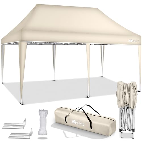 tillvex Pavillon 3x6m wasserdicht | Pop-Up Faltpavillon höhenverstellbar | Gartenzelt UV Schutz 50+ | Partyzelt mit Tasche für Garten (Beige)
