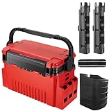 【釣り愛好家必見】Ceritica タックルボックス フィッシングケース 釣り用ケース 釣具BOX 大容量 収納力UP ロッドホルダー付き 軽量設計 持ち運び便利 屋外収納ボックス 椅子として使用可 カップホルダー＋ポールスタンド付き (レッド, L-44x23x28CM)