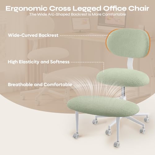 Image of Pinmoco Ergonomic Cross Legged Office Chair with Wheels, ADHD Chair for Adults, Meditation Chair, Yoga Office Chair, Comfortable Back Support, Height Adjustable,Small Spaces, Teddy Fabric, Green