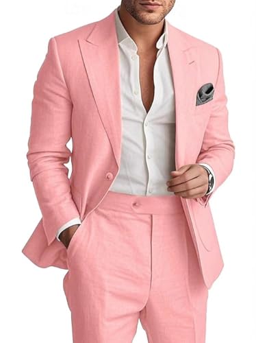 2 Pieces Linen Suit for Men Lightweight Blazer Pants Set Summer Beach Wedding Suit