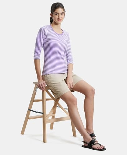 Image of Jockey 1360 Women's Super Combed Cotton Elastane Stretch Slim Fit Striped Round Neck Three Quarter Sleeve T-Shirt