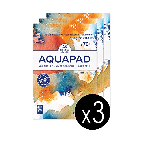 Clairefontaine 975720C Bloc Encollé Goldline Aquapad - 70 Feuilles Papier Aquarelle Blanc Grain Moyen Fin A5 14,8x21 cm 300g - Paquet de 3 blocs