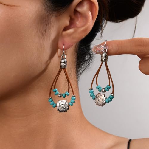 Boho Western Earrings,Vintage Turquoise Flower Leather Braid Dangle Drop Earrings for Women,Bohemian Country Concert Jewelry Accessories2