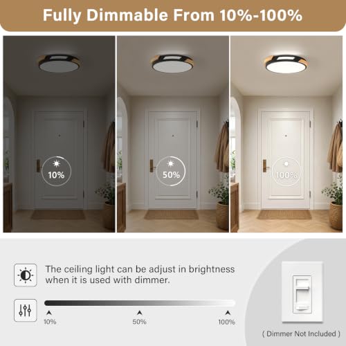 Image of Modern LED Ceiling Light, Wood Dimmable Flush Mount Ceiling Light Fixture