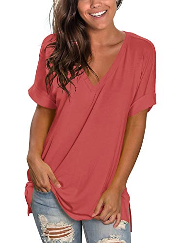 Image of Sampeel Women's V Neck T Shirts Casual Rolled Short Sleeve Side Split Summer Tops Loose Fit