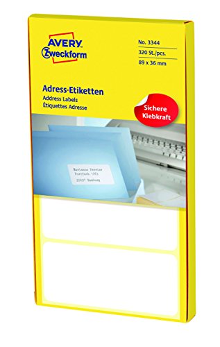 AVERY Zweckform 3344 Adress-Etiketten (Papier matt, 320 Etiketten, 89 x 36 mm) 1 Pack weiß