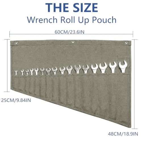 Image of Wrench Roll Up Pouch,16-Pocket Heavy Duty Roll Up Tool Bag,Sturdy Waterproof Oxford Fabric with 3 Rings for Wrenches,Screwdrivers,Hand Tools Storage,Portable Wrench Organizer for Mechanics(Olive Gray)