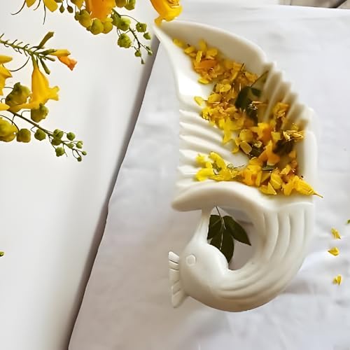 Image of Marble Urli Bowl for Decoration | Big Potpourri Decorative Bowls in Home decor | Large White Floating Flower Plates of Stone | Small Shape puja Item | (14 inch, Peacock)