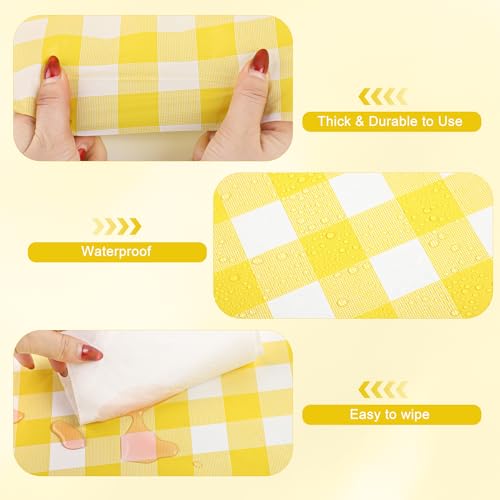 Image of Kochorie 54 Inch x 300 Ft Light Yellow Checkered Plastic Table Cloth Roll Disposable Waterproof Table Cover Plastic Table Cover Roll with Easy Slide Cutter for Outdoor Picnic /Home Dining /Spring Party