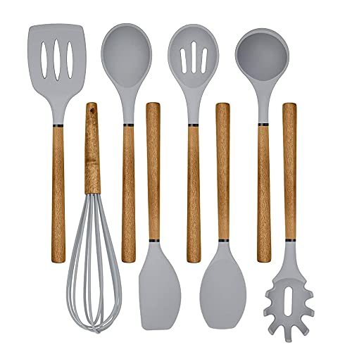 Country Kitchen Silicone Cooking Utensils, 8 Pc Kitchen Utensil Set, Easy to Clean Wooden Kitchen Utensils, Cooking Utensils for Nonstick Cookware, Kitchen Gadgets and Spatula Set - Grey