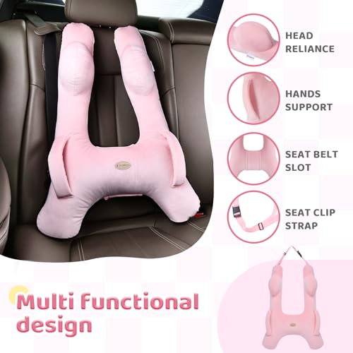 Image of FLORICH Kids Travel Pillow, Car Sleeping Travel Pillow for Kids, Washable H-Shaped Pillow for Adults and Children to Support Head and Body for Road Trips Pillow for Car (Slight Pink)