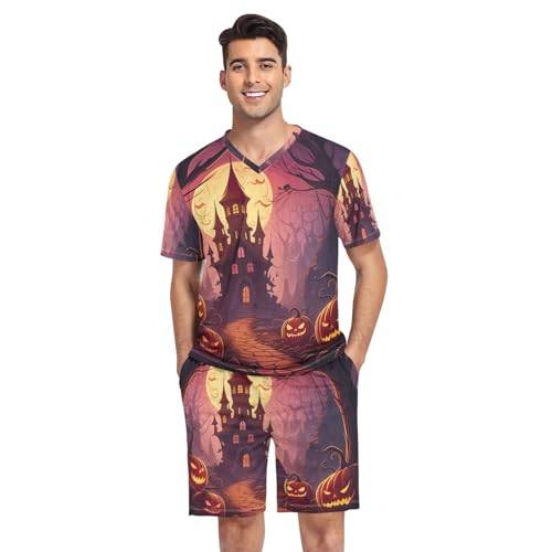 Mens Pajama Short Sleeve Sleepwear Lounge V Neck 2 Pcs Sleepwear with Pockets, S-XXL