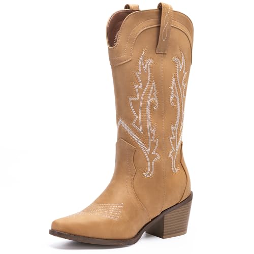 Solestique Women's Cowboy Boots Pointed Toe Western Boots Embroidered Mid-Calf Chunky Block Heel Cowgirl Boots