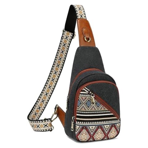 OPAGE Small Canvas Sling Bags for Women, Boho Crossbody Bags Fanny Packs Chest Bag for Hiking, Work, Shopping, Black Cover