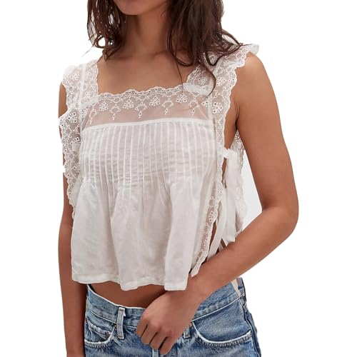 Women Side Tie Lace Trim Cami Shirt Y2k Semi Sheer Pleated Sexy Crop Tank Tops Going Out Boho Top
