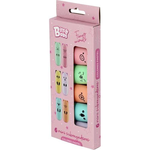 Grafoplas - Mini Subrayadores Pastel Bits&Bobs Funny Animals, Punta Biselada 1-5mm, 6 Colores Pastel -Lavanda, Azul, Rosa, Verde, Naranja, Amarillo- Perfecto Material Escolar y Papeleria para Regalar