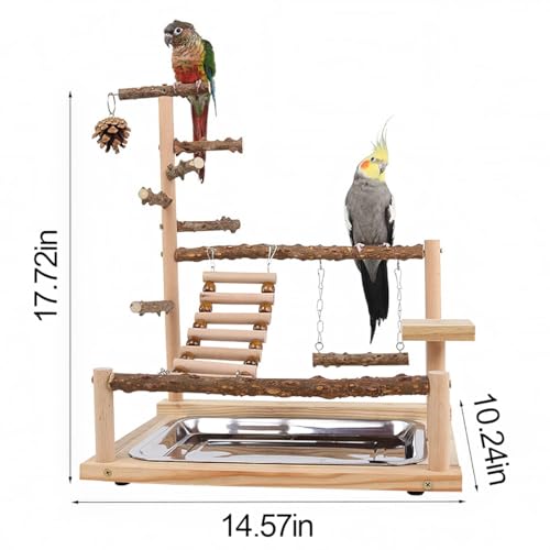 Image of Bird Playground, Parrot Perch Stand, Natural Wood Bird Play Stands for Cockatiel Wood Perch Gym Playpen Ladder with Removable Tray and 2 Stainless Steel Cups, Bird Cage Accessories, Parrot Swing