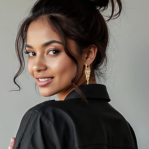 18K Gold Plated Leaf Hoop Earrings for Women, Long Tassel Dangle Drop Earrings, Chunky Gold Chandelier Earrings3