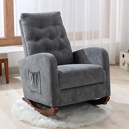 Merax Modern Mid-Century Tufted Chair Comfy Fabric Nursery Rocking Armchair With Side Pocket For Living Room Bedroom Grey, Set Of 1, Dark Gray #TOP12