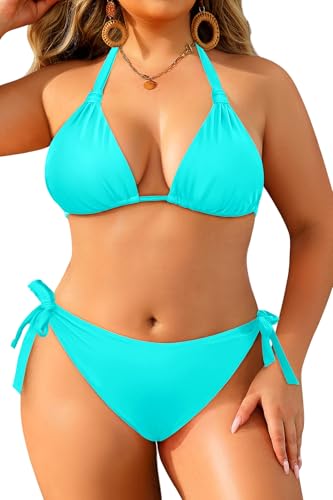 Women Plus Size Bikini Set - Two Piece Triangle Swimsuits Halter String Bathing Suit 2025 Tie Swimwear Aqua 18 Plus