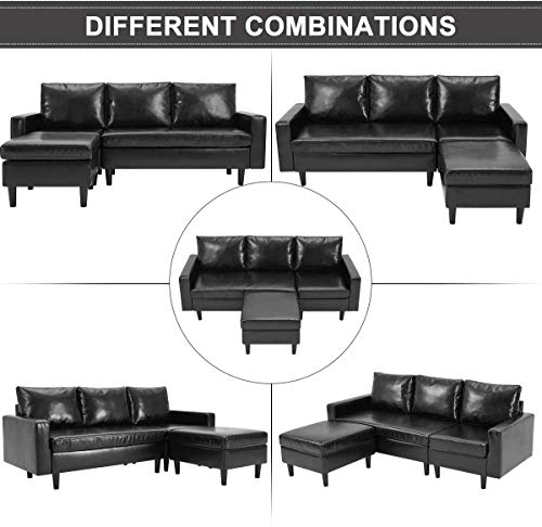 YODOLLA Convertible Sectional Sofa Couch, L-Shaped Sofa Couch with Modern Faux Leather, Black Sectional for Small Space - Thumbnail 2