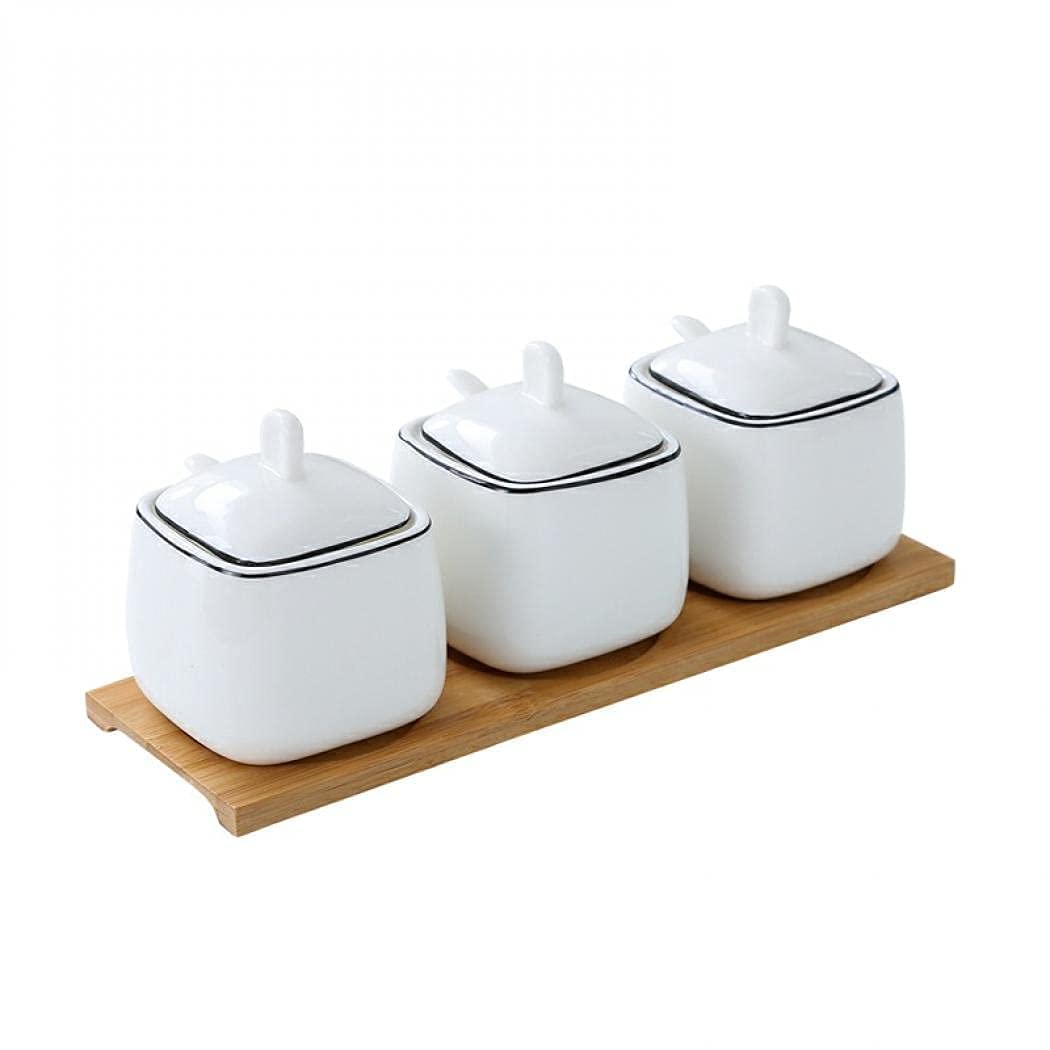 Set 3 Zuccheriere In Ceramica Con Coperchio Bambù E Cucchiaio - Portaspezie Elegante Con Vassoio - Foto 6
