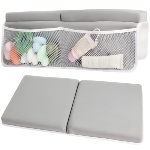 CHILDHOOD Bath Kneeler and Elbow Rest Pad Set - Painless Foam with Toy Organizer Pockets, Foldable, Quickly Dry Bathtub Kneeler and Elbow Rest Set for Baby Bathing Parents (Grey)