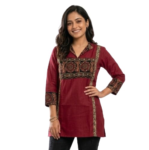Women's Maroon Kurti with Ethnic Print, 3/4 Sleeves, V-Neck, Casual Wear Cotton Top-picture-29