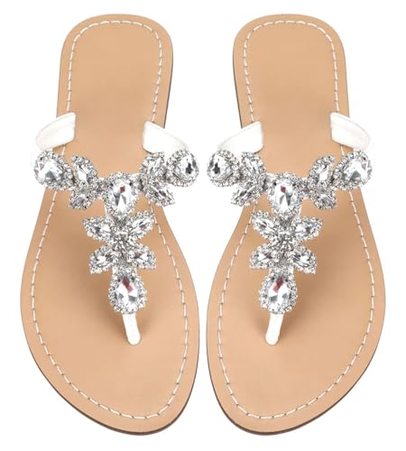Image of Rhinestone Sandals for Women - Sparkly Jeweled Bling Thong Flip Flops, Dressy Gemstone Flat Sandals for Wedding, Party, Beach & Summer Outfits
