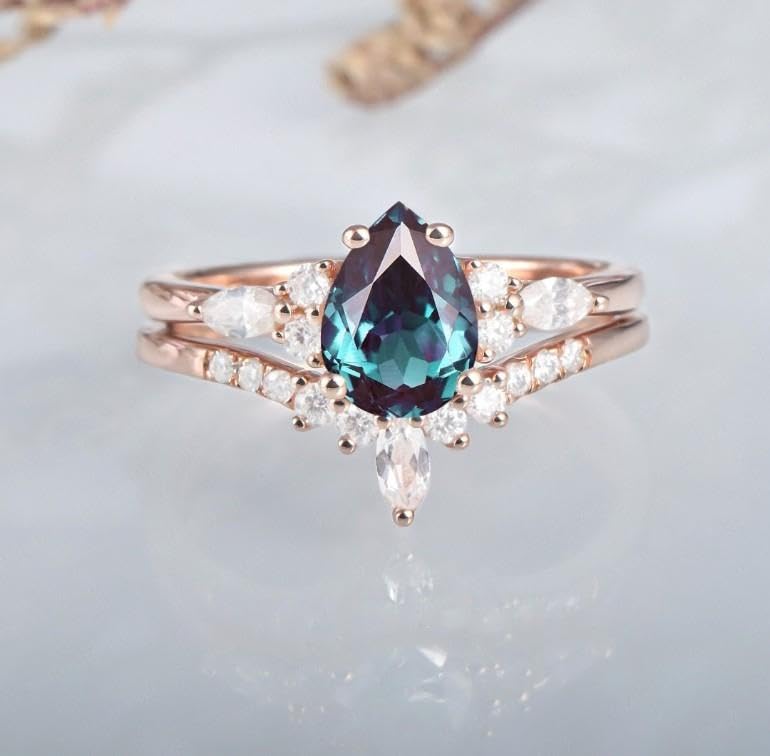Pear alexandrite engagement ring set vintage unique Cluster rose gold anniversary ring wedding Bridal art deco promise ring set2