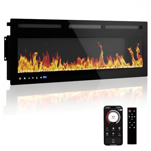 50' Smart Electric Fireplace Wall Mount, 1500w Heater with Remote Control & Timer, 12 Color LED Flame Effect, Touch Screen, for Living Room Bedroom Indoor Use