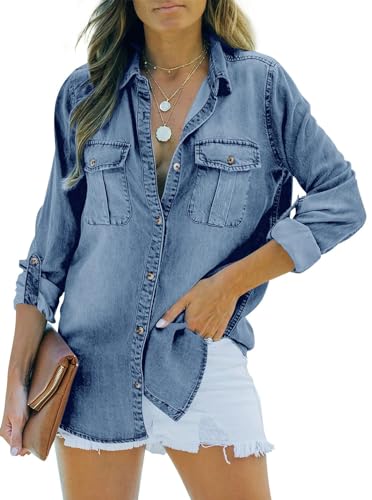 Runcati Womens Button Down Denim Shirt Long Sleeve Roll Up Casual Oversized Jean Shirt Jacket Distressed Tunic Tops2