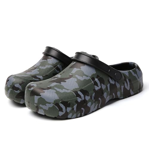 MEIAGDT Men's Garden Clogs, Stable Comfort Clogs, Waterproof and Oil Resistant, Adjustable Straps, Suitable for Home, Garden, and Daily Use, Zapatos para Hombre. Camo-Black-40