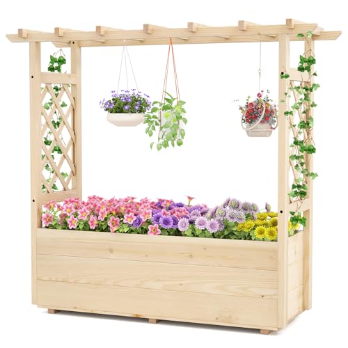 RELAX4LIFE Fioriera Rialzata con Traliccio, Letto da Giardino Rialzato con Tetto Sospeso, Drenaggio, per Piante Rampicanti, Fiori, Verdure, Frutta, Orto in Legno per Balcone, Naturale (115x40x103cm)