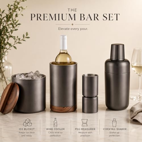 Image of THE Empty Space Full Bar Set - Cocktail Shaker, Ice Bucket, Wine Cooler, Peg Measurer. Home Bar Accessories Made of Stainless Steel in Nickle Finish with Acai Wood. Perfect Bartending Kit