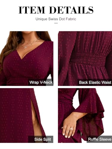 RWJ Women Plus Size Wedding Guest Maxi Dress Summer Wrap V Neck Ruffle 3/4 Sleeve Swiss Dot Slit Cocktail Dresses2
